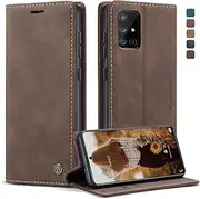 [owlhold] Samsung A71 Flip Case Premium Leather Case Soft Vintage Nubuck Leather Foldable Stand Protective Case Card Slot Stand Function Shockproof Mobile Phone Case Samsung Galaxy A71 4G Coffee