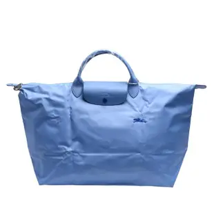 【LONGCHAMP】經典LE PLIAGE系列刺繡摺疊暗釦/拉鍊短提把尼龍水餃包(L-藍色1624619-P38)