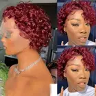 Pixie Cut Wig Human Hair Curly 13x1 Transparent Lace Wigs For Women Brown Ombre