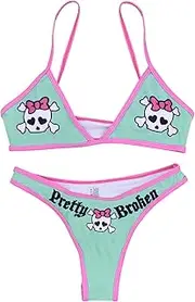 [ZGMYC] Women Funny Skull Letter Print Goth Bikini Set 2 Piece Neon Bandeau Swimsuit