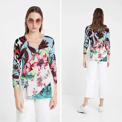NWT Desigual Patchwork Floral Gauzy Fringe V-Neck Pullover Top - Size Small
