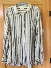 New Terra & Sky Women plus Size Button Front Long Sleeve Top Stripe yellow Blue