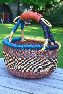 African Hand Woven Elephant Grass Bolga Basket from Ghana blue orange 9"