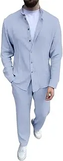 [Generic] Men Fashion Suit Two Breathable Suit Rolled Sleeve Shirt Pants Set Mens Big Tall Suit