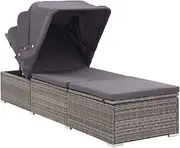 Camping Sunloungers Reclining Patio ChairsSun Lounger with Canopy and Cushion Poly Rattan Grey**