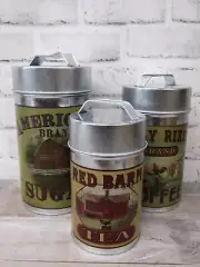 Set/3 New Tin Food Safe Old Barn Americana Canisters Sugar Coffee Tea