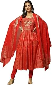 [BIBA] Red Cotton Anarkali Kurta Churidar Suit Set, Red, X-Large