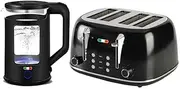 Vintage Toaster & 1.7L Glass Kettle Set - Black Modern Design, 4 Slice - LED, Browning Control, Keep Warm - Chrome Trim - Stylish Kitchen Combo