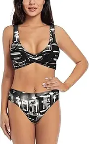 Barber Shop Monochrome Style Print Bikini Set for Women Halter Strapless Ruched Color Block Trim Swimsuit 2 Piece for Women