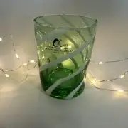 Alessandro Coppola Murano Italy Green&White Striped Tumbler Glass NEW! 4” X 3”