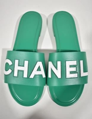 Chanel 23P Green White Leather CC Logo Letter Mules Slide Slip Sandal Flat 38.5