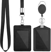 LH-2 Pack Badge Holders, Vertical PU Leather ID Badge Card Holder with 1 Clear ID Window, with Detachable Neck Lanyard Strap and Retractable Badge Reel ID Card Holders Set