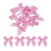 30Pcs Mini Gingham Ribbon Bow 1.5" Checkered Fabric Satin Dark Pink and White