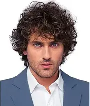 Brown Wigs for Men Short Curly Fluffy Cosplay Halloween Character Costume Synthetic Fiber Wigs (Brown)