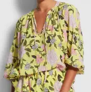 Seafolly Women's Boheme Floral Peasant Top in LimeLight, Size L, BNWT