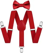 [AOOWU] Bow Tie and Suspender Set for Kids, Solid Color Bow Ties Boys Suspenders Y Shape with Clips Elastic Adjustable Brace