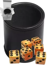 (6) 16mm Gold Marbleized Dice + PU Leather Black Felt Lined Cup Sealed Box