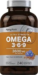 Omega 3 6 9 | 3600mg | 240 Softgel Capsules | Fish Flax Borage | Ultra Strength Supplement | Non-GMO, Gluten Free | by Piping Rock