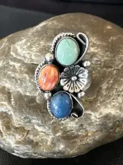 Multicolor Ring Turquoise Spiny Navajo Sterling Silver Cluster Size 9 19187