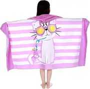 Hooded Towel for Kids, 30" x 50" Soft Pure Cotton Bath Beach Towel for Kids 3-10 Years, Toddler Absorbent Pool Towel Swim Towel Poncho for Boys Girls (Striped Cat)