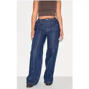 Shape Indigo Stretch Denim Highwaisted Adjustable Button Wide Leg Jeans, Indigo