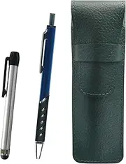 SASMG-ALST-SI2067BP-L Grain Leather Pen Case Moss Green Metal Touch Stick Silver and Metal Color Ballpoint Pen Blue