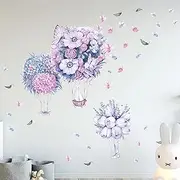 Rose Peony Hot Air Balloon Flower Wall Stickers, sacinora Pink Blue Purple Butterfly Petal Floral Art Wall Decals Removable Vinyl Peel and Stick for Bedroom Nursery Kids Room Living Room Decorations