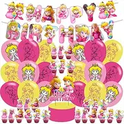 Princess Birthday Party Backdrop, Princess Peach Birthday Party Decoration, Princess Themed Happy Birthday Banner,Ballons and Cake Toppers for Girls