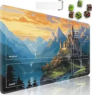 for TCG Playmat, Ultra Pro Playmat with Zones, 24x14 in Non-Slip Rubber for MTG Playmat with Drawstring Travel Pouch and 6 Dice, Fairytale Castle for MTG Mat, Card Game Playmats