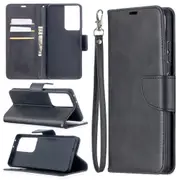 For Samsung Galaxy S21 Ultra Case Lambskin Texture Folio PU Leather Wallet Cover, Kickstand, Lanyard, Black