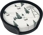 Ski Lift with Fir Tree Leather Coasters Set of 6 Waterproof Insulated Cups Pad Mat with Holder Non-Slip Car Coasters for Home and Kitchen Desktop Decor