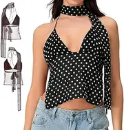 [HUIQINGLI] Women Sleeveless Backless Tie Back Polka Dot Halter Top, Y2K Sexy Chiffon V-Neck Backless Tank Top with Scarf