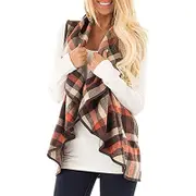 Nevenka Womens Casual Lapel Open Front Plaid Vest Cardigan with Pockets-Khaki