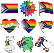 [YJ PREMIUMS] 9PC Pride Pins LGBTQ LGBT Ally Rainbow Progress Flag Enamel Pin Button for Backpack Lanyards Jewelry Gay Bi Queer Lesbian Trans Transgender Safe Space Love Hugs Bulk Accessories