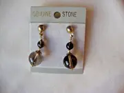 VINTAGE 1970s SMOKY SEMI PRECIOUS GEMSTONE BEADS GOLD TONE DANGLE STUD EARRINGS