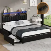 Oikiture Bed Frame 4 Drawers Storage Beds with LED Storage Bedhead- Queen