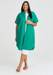 [Taking Shape] Taking Shape Cotton Linen Shirt Dress Size 20 in Emerald - Plus Size Women's Clothing Emerald