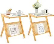 Costway Rattan Side Table, Bamboo Accent Bedside Table w/Tempered Glass Top, Magazine Rack, Boho Night Stand w/Z-Shaped Supportive Legs for Living Room Bedroom