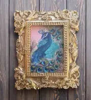Peacock bird mini gold ornate framed print of acrylic painting