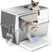 Aothey Enclosed Stainless Steel Litter Box with Lid, Enclosed Metal Litter Box with High Sides, Large Cat Litter Box, Dog-Proof, Top & Side Entry, Odor Control, Easy to Clean, Durable with Round Edge