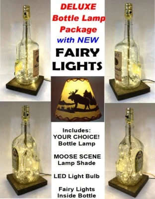YOUR CHOICE Liquor Bar Bottle Table LAMP w/ MOOSE Shade FAIRY LIGHTS & LED Bulb