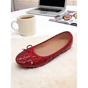 Women's Croc Embossed Faux Leather Ballet Flats – Red Bow Detail Flats for Office Deskside and Commuting Comfort