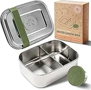 Everusely - Bento Box for Kids - Sage, 6.5x4.7 / 27oz - Stainless Steel Lunch Box w/Leakproof Condiment Container - 3 Compartment Snack Box for School, Office Meals - Freezer & Dishwasher Safe