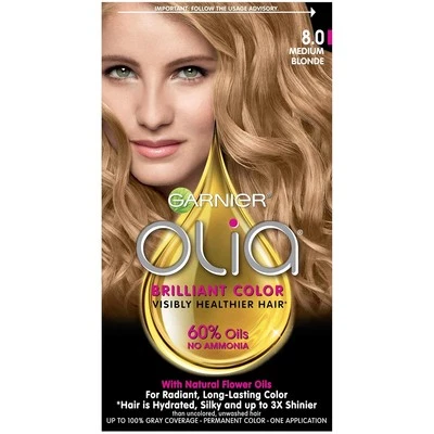 Garnier Olia Permanent Haircolor, Oil Powered, Medium Blonde 8.0, 1 ct (Pack of