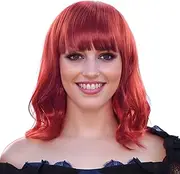 Short Curly Hair Bob Wigs Cosplay Wig with Bangs Halloween Costume Party Headwear for Women (Red, 35cm)
