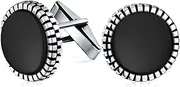 [Bling Jewelry] Classic Formal Geometric Blackened Pattern Edge Round Circle Genuine Black Onyx Shirt Cufflinks Men Groom Bullet Hinge .925 Sterling Silver