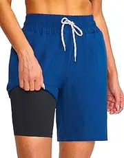[YGDSX] Women's 7''Long Swim Board Shorts Quick Dry Beach Shorts with Liner Pockets Swimsuits Bottoms Trunks for Women, Dark Blue, Small