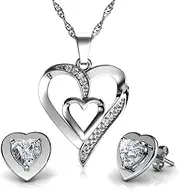 [DEPHINI] Heart Necklace & White Heart Earrings SET - 925 Sterling Silver - Crystal Studs & Pendant Birthstone- Fine Jewellery set for women - 18" Rhodium Plated Silver Chain - Cubic Zirconia, Crystal, Cubic Zirconia,Zircon,Cubic Zircon,Diamond