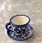 Handmade Ceramic Coffee Cup & Saucer Set Traditional Floral Design Blue White Li