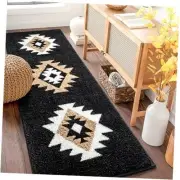 Boho Bathroom Rugs, Black Aztec Bath Mat Non Slip Long Bathroom Rug Runner